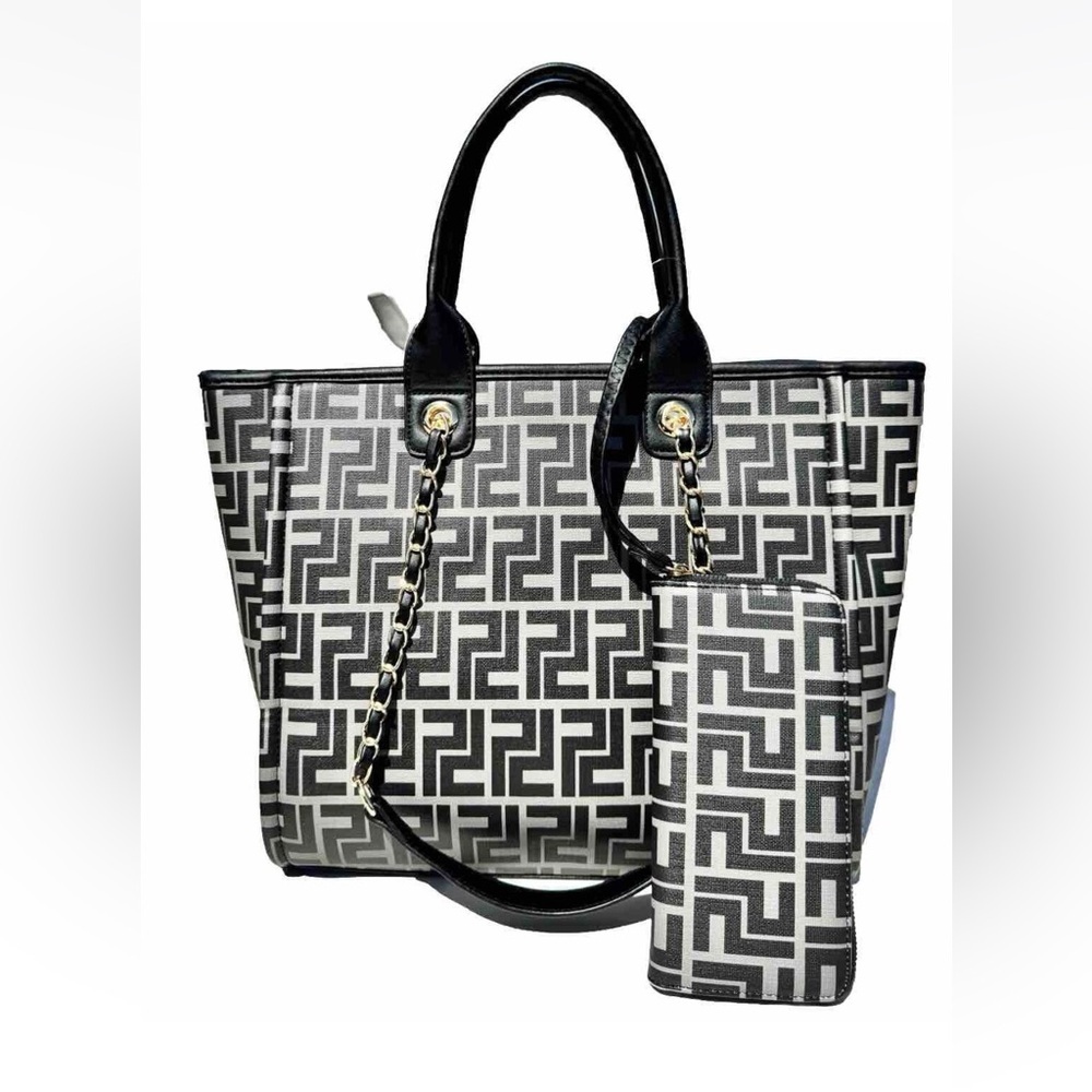 MKF Collection Large Tote Bag Wallet Set 2pc Black White NWT - Picture 2 of 8